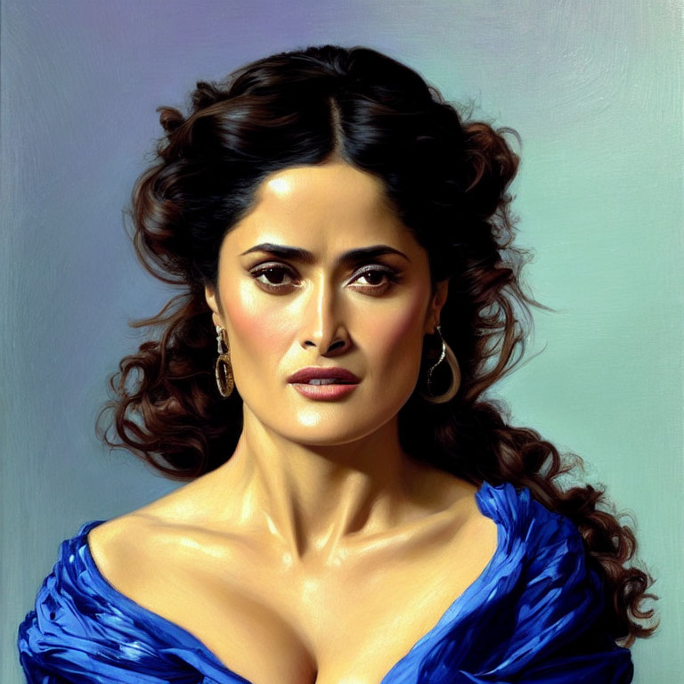 Digital portrait of woman with dark hair and intense gaze in blue attire and hoop earrings, featuring soft lighting