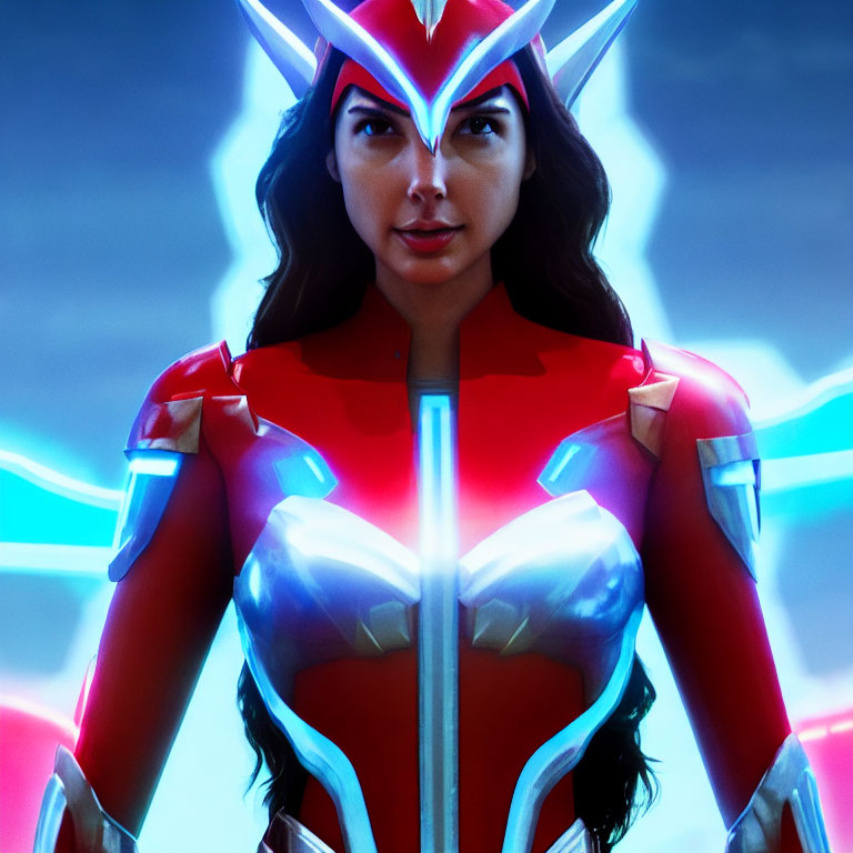 Female superhero digital artwork in red and silver costume with glowing headpiece