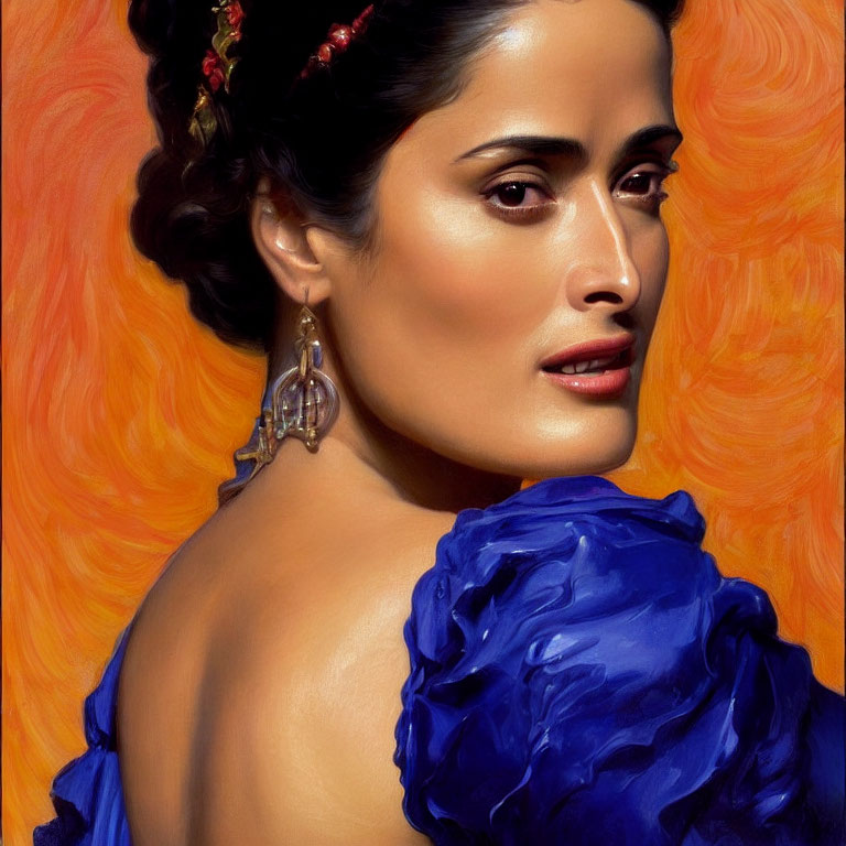 Portrait of woman with olive skin, dark hair, blue outfit, earring, orange backdrop