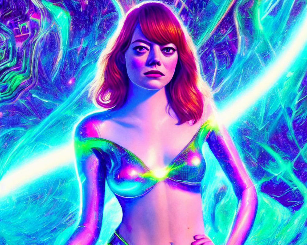 Red-haired woman in neon cosmic scene with swirling patterns & gleaming light