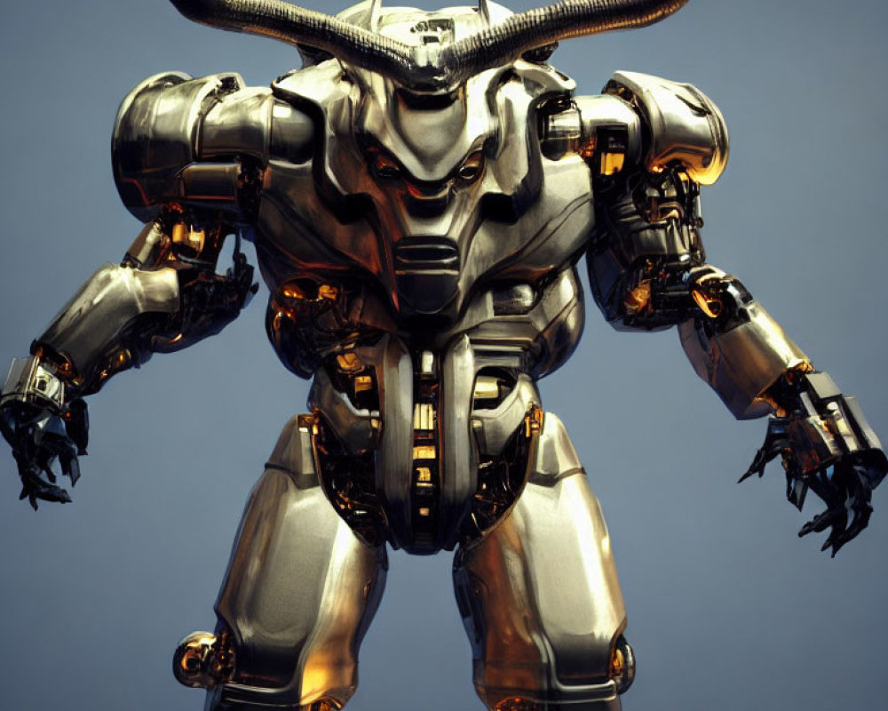 Metallic bull-headed robot with glowing orange accents on neutral backdrop