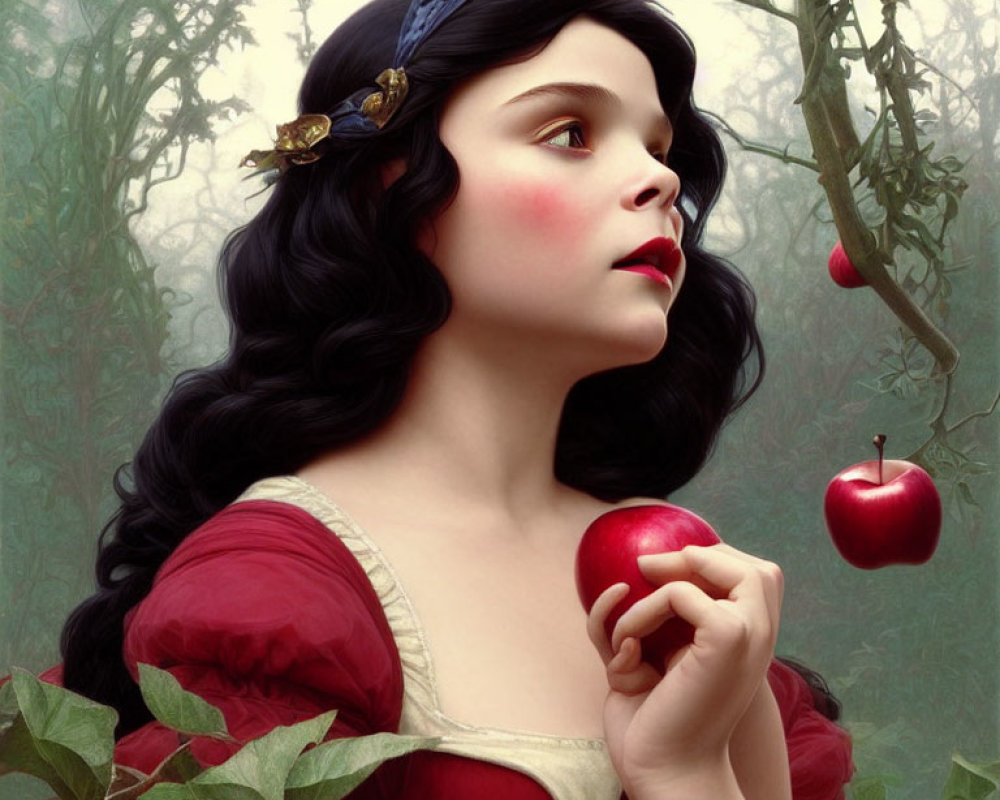 Portrait of Woman with Fair Skin Holding Apple in Forest