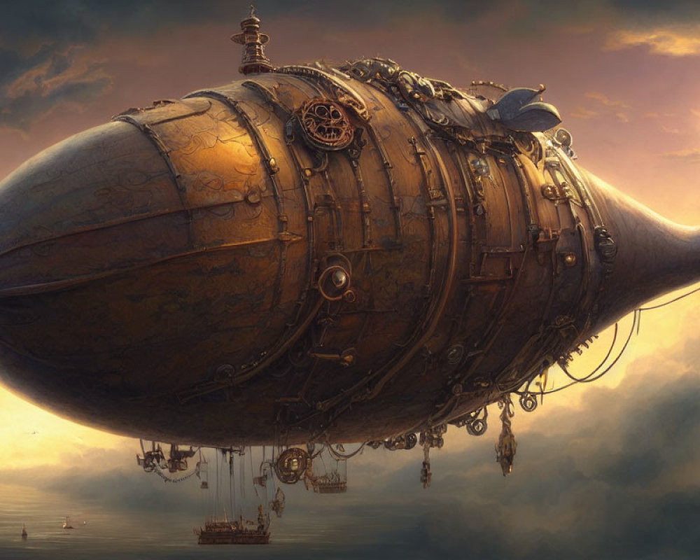 Steampunk-style airship with fish-shaped balloon above clouds at sunset