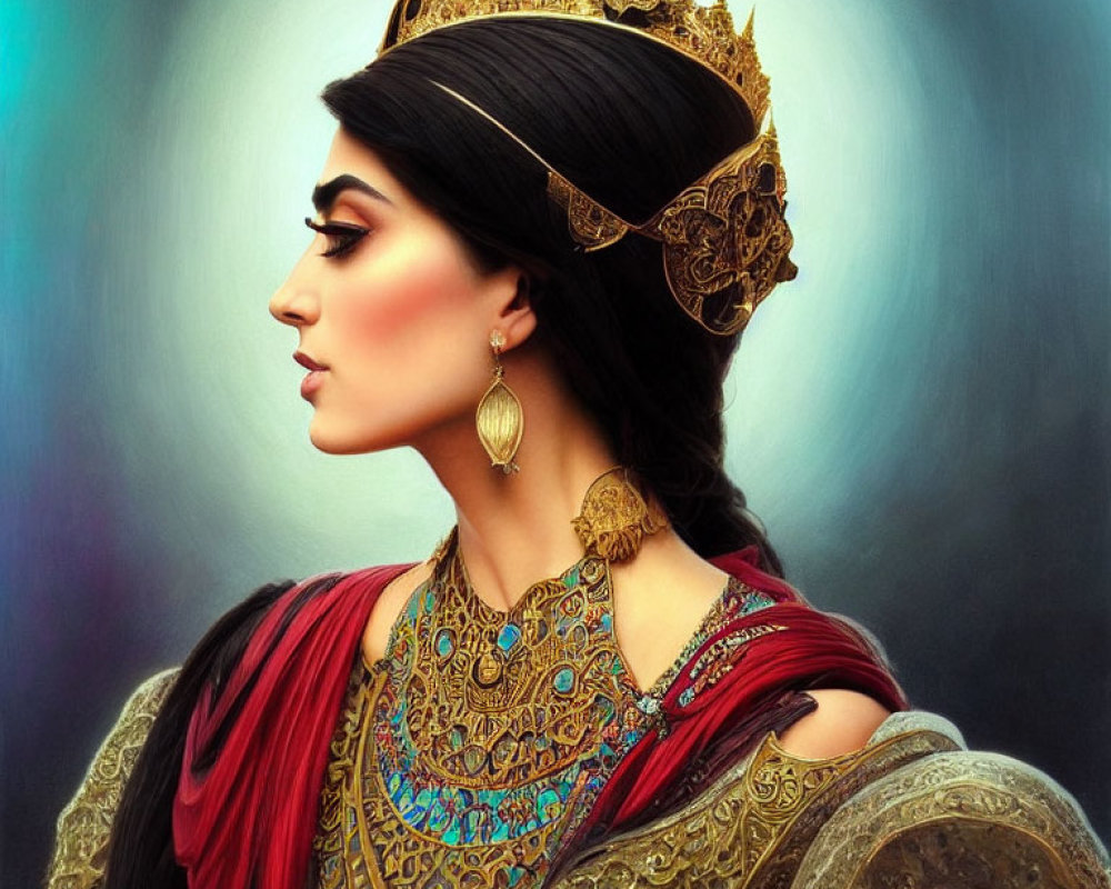 Regal woman in profile with ornate gold crown and richly decorated attire