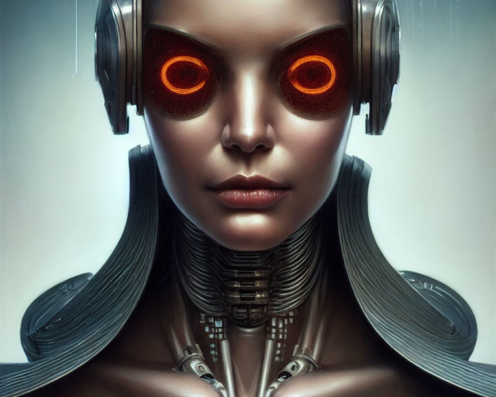 Female Android with Glowing Red Eyes and Advanced Robotic Neck Structure