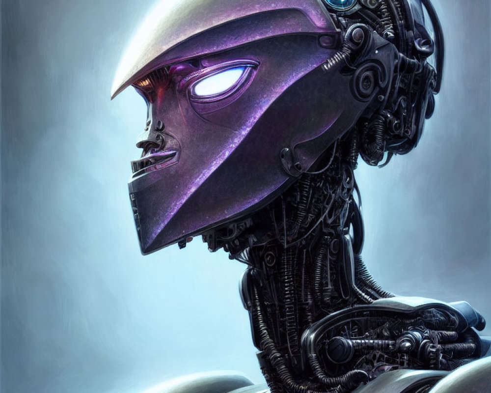 Detailed robotic head illustration with humanoid features and blue glowing eye.