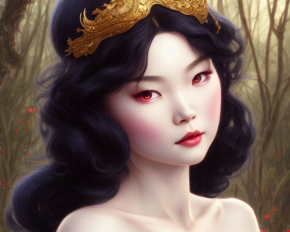 Illustrated portrait of woman with black hair, red eyes, and golden headdress against foliage background