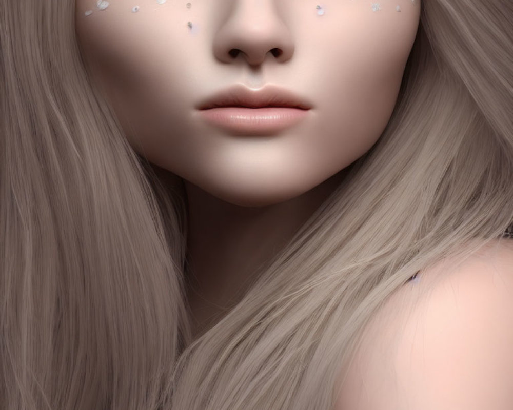 Close-up of female with long blonde hair and striking blue eyes with sparkles on cheeks