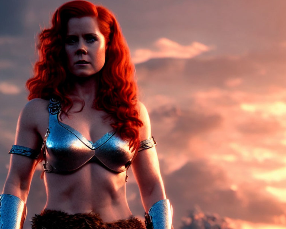 Red-haired female warrior in silver armor under dramatic sky