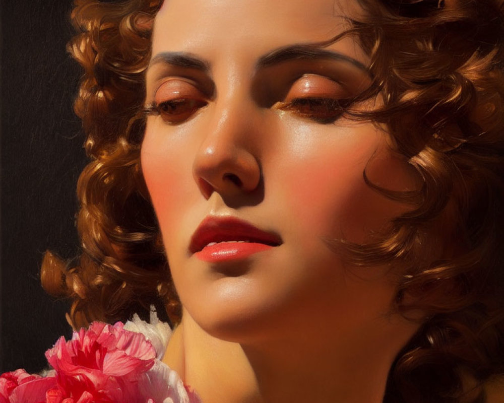 Portrait of woman with curly hair, red lipstick, contemplative gaze, holding pink flowers.