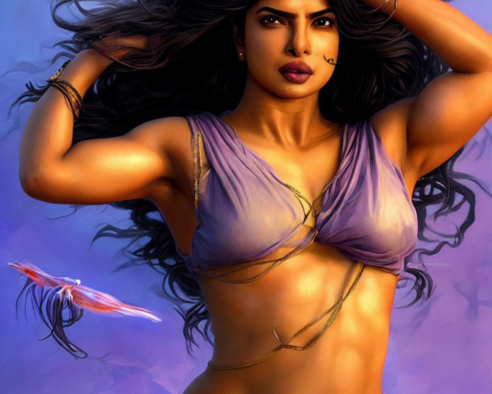 Digital artwork of woman with long hair in dynamic pose, wearing purple drape, fantasy backdrop