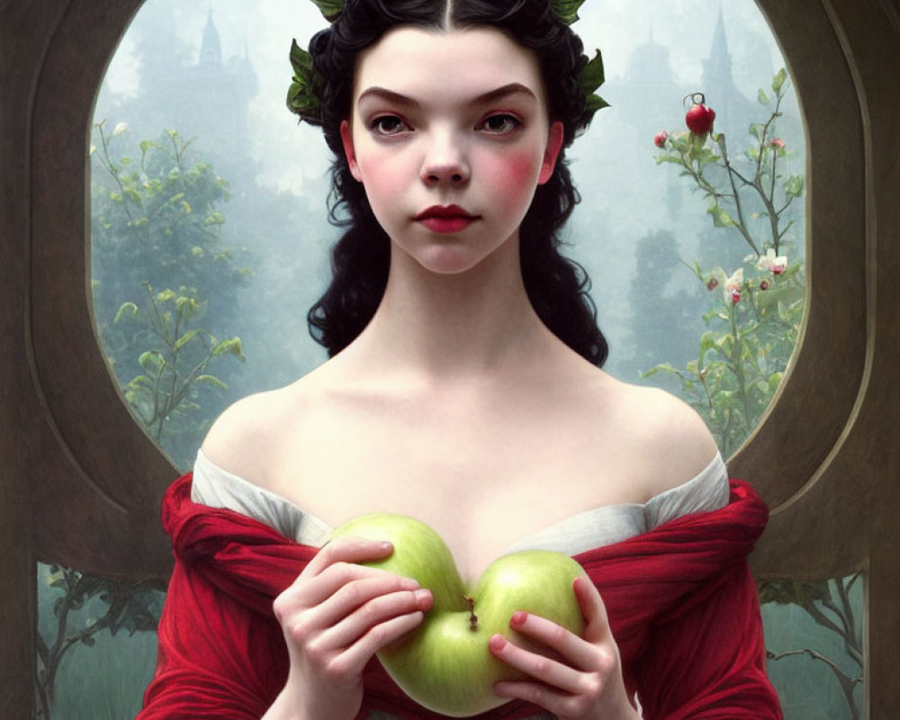 Portrait of a Woman with Laurel Wreath, Green Apple, and Castle Background