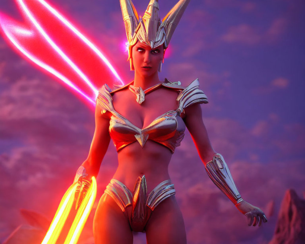 Female warrior in futuristic armor with glowing red sword against twilight sky