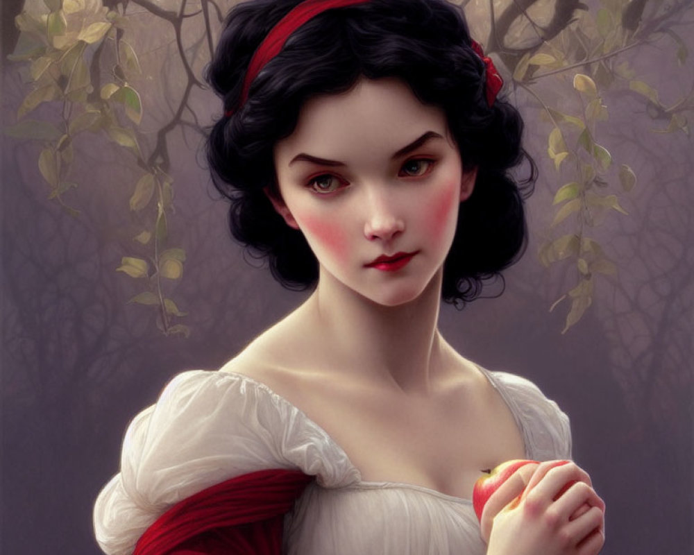 Young woman portrait: pale skin, black hair, red lips, white blouse, red cape, holding