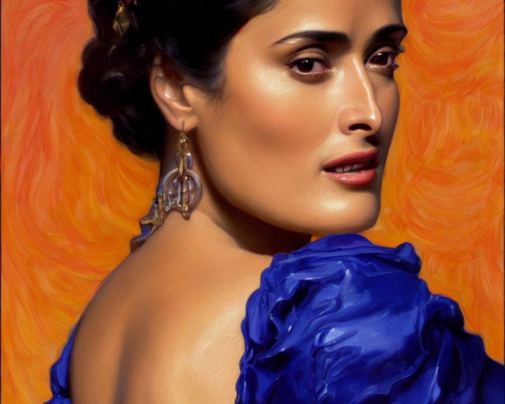 Portrait of woman with olive skin, dark hair, blue outfit, earring, orange backdrop