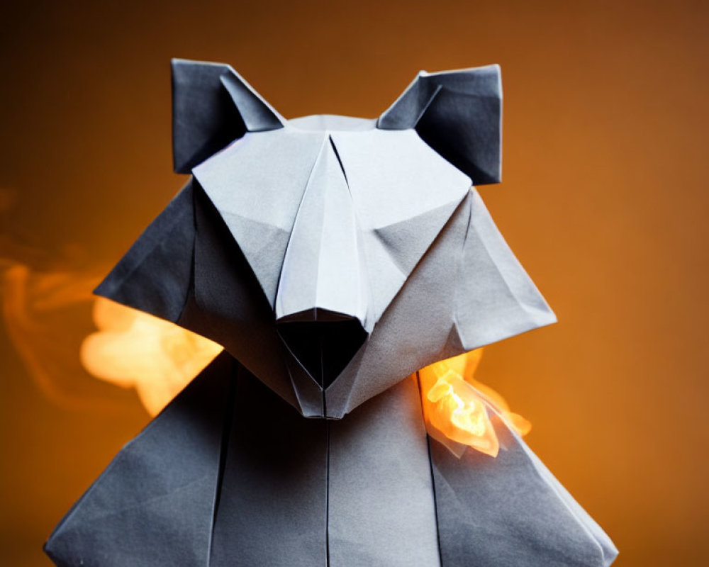 Geometric Origami Wolf with Paper Flames on Orange Background