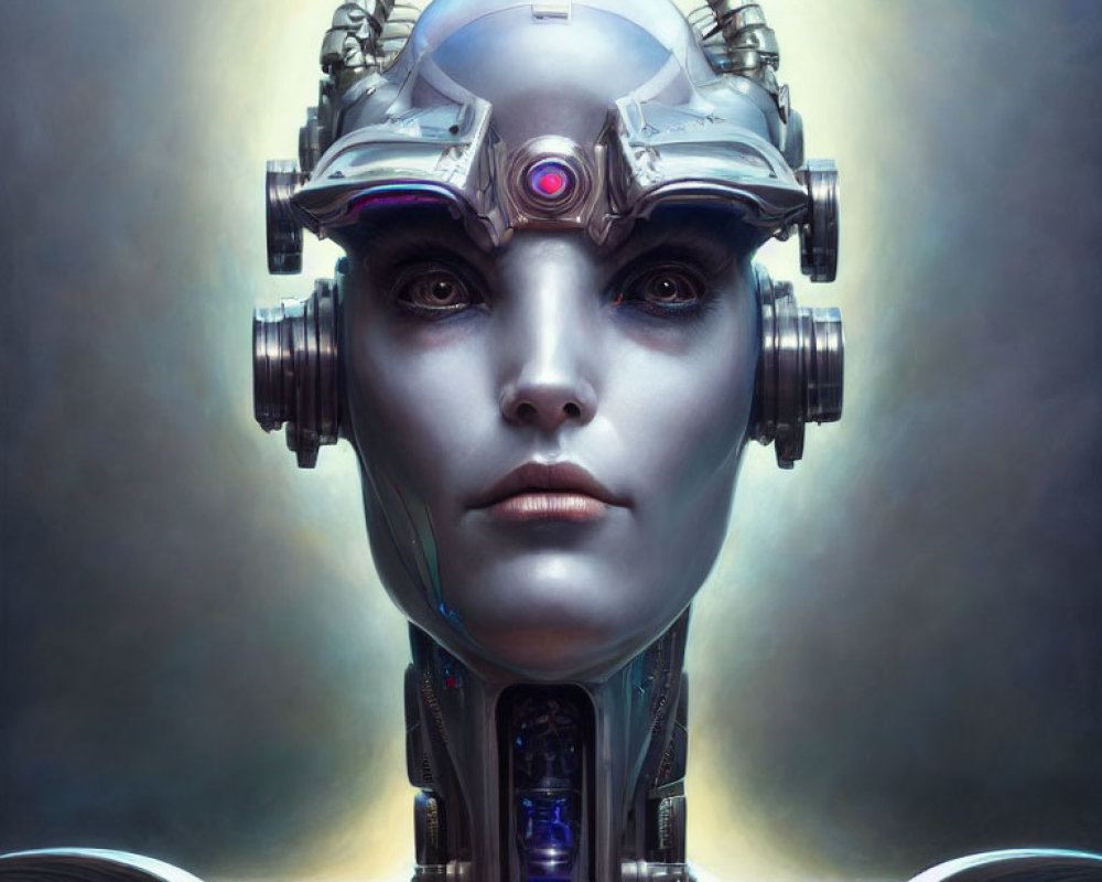 Detailed Female Android with Mechanical Headpiece and Haloed Backdrop