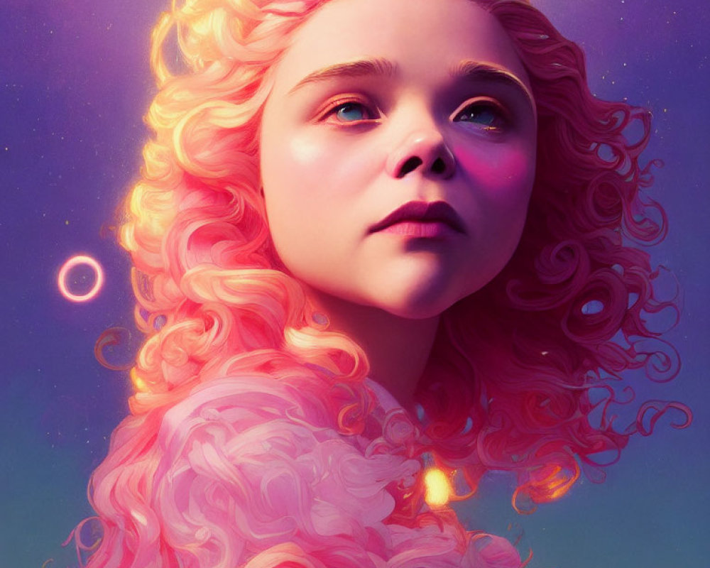 Girl with Pink Curly Hair Surrounded by Mystical Aura and Luminous Orbs