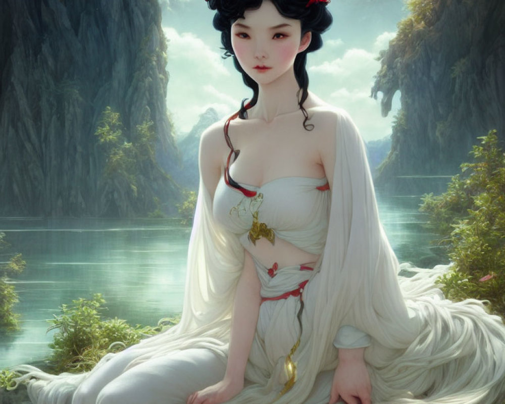 Ethereal woman with black hair and red flowers by serene lake