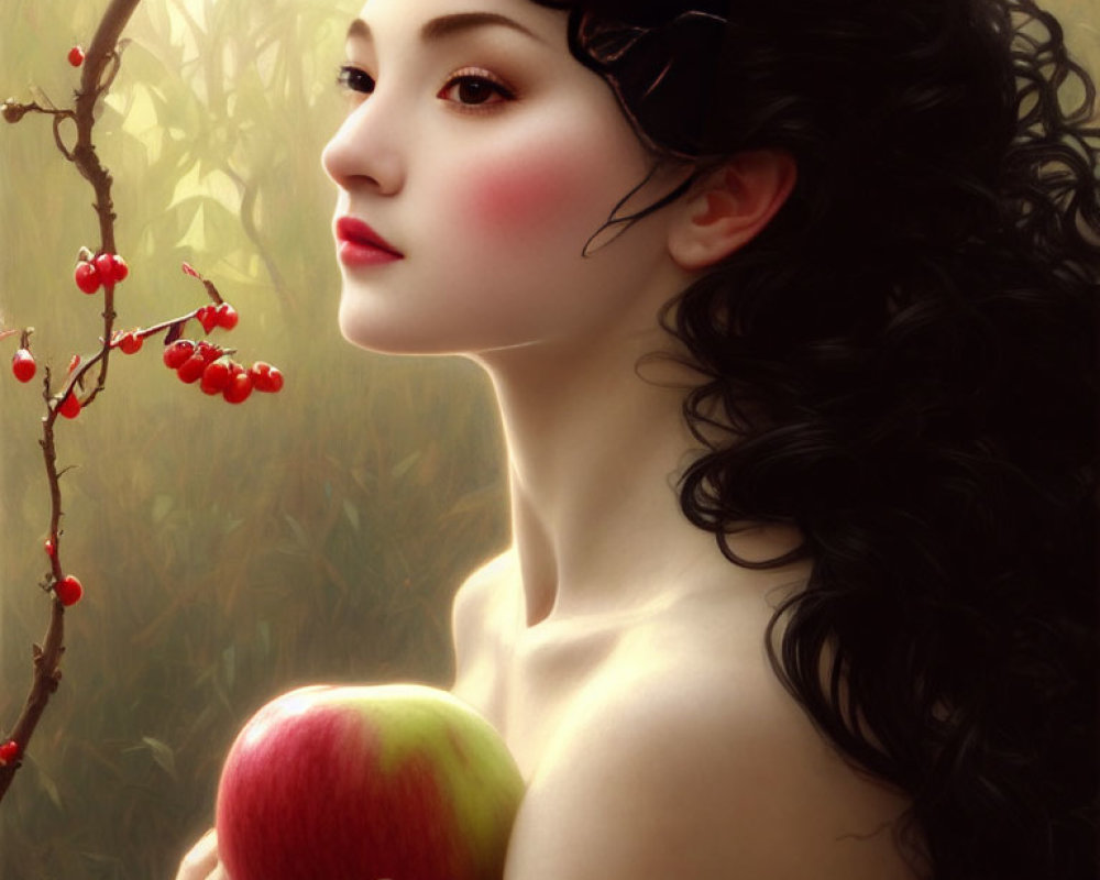 Illustrated woman with pale skin and red apple in hand, amidst soft light and red berry branches