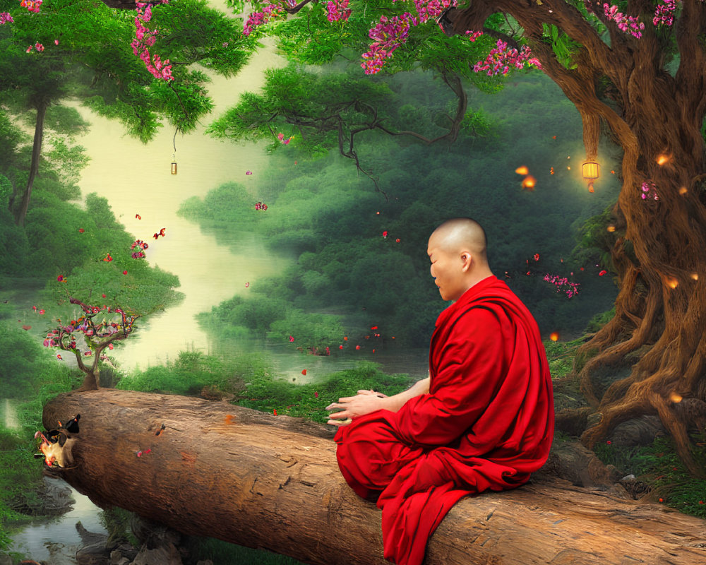 Monk in Red Robes Meditating by Serene River