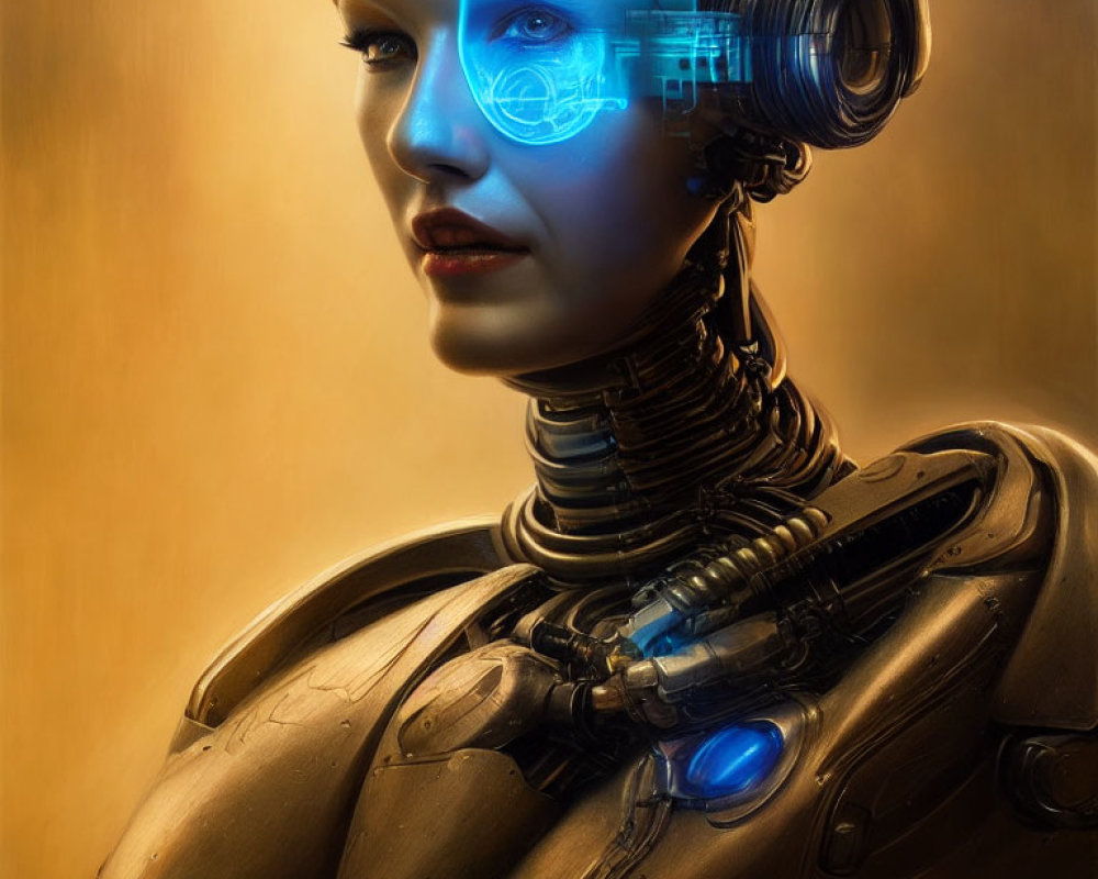 Female android with metallic skin and holographic eye display portrait on warm background