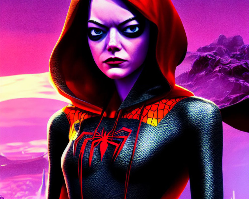 Female character in red hood and spider costume on purple background