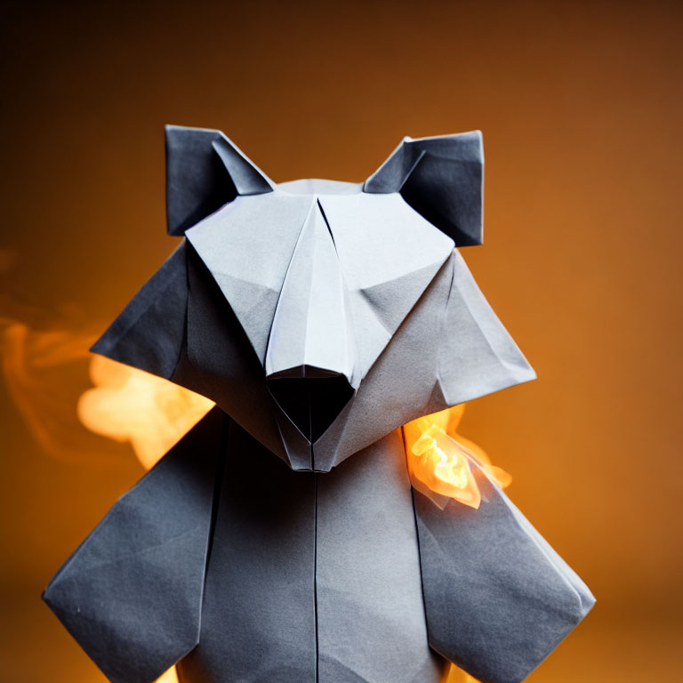 Geometric Origami Wolf with Paper Flames on Orange Background