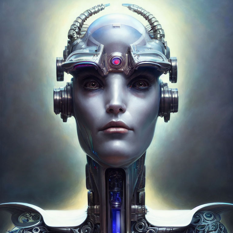 Detailed Female Android with Mechanical Headpiece and Haloed Backdrop