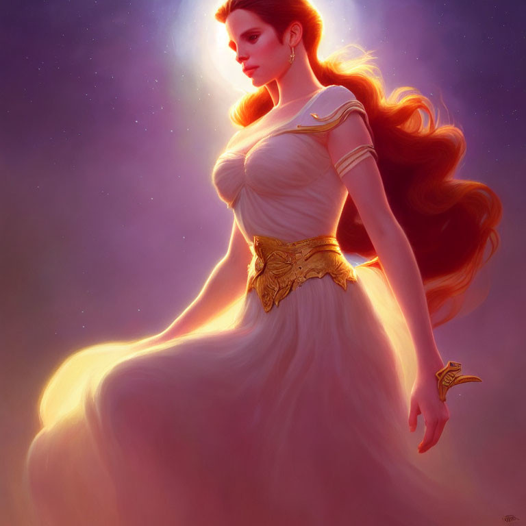 Ethereal woman in white dress under starlit purple sky