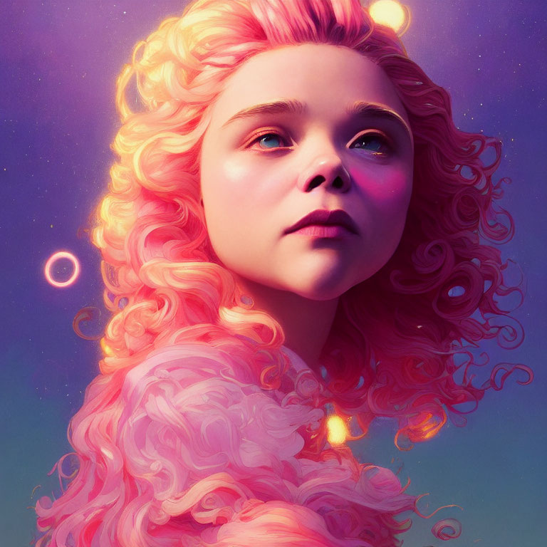 Girl with Pink Curly Hair Surrounded by Mystical Aura and Luminous Orbs