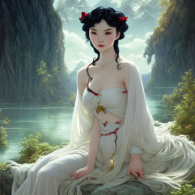 Ethereal woman with black hair and red flowers by serene lake