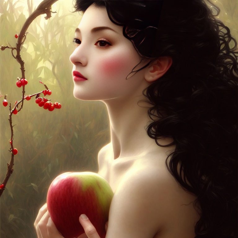 Illustrated woman with pale skin and red apple in hand, amidst soft light and red berry branches