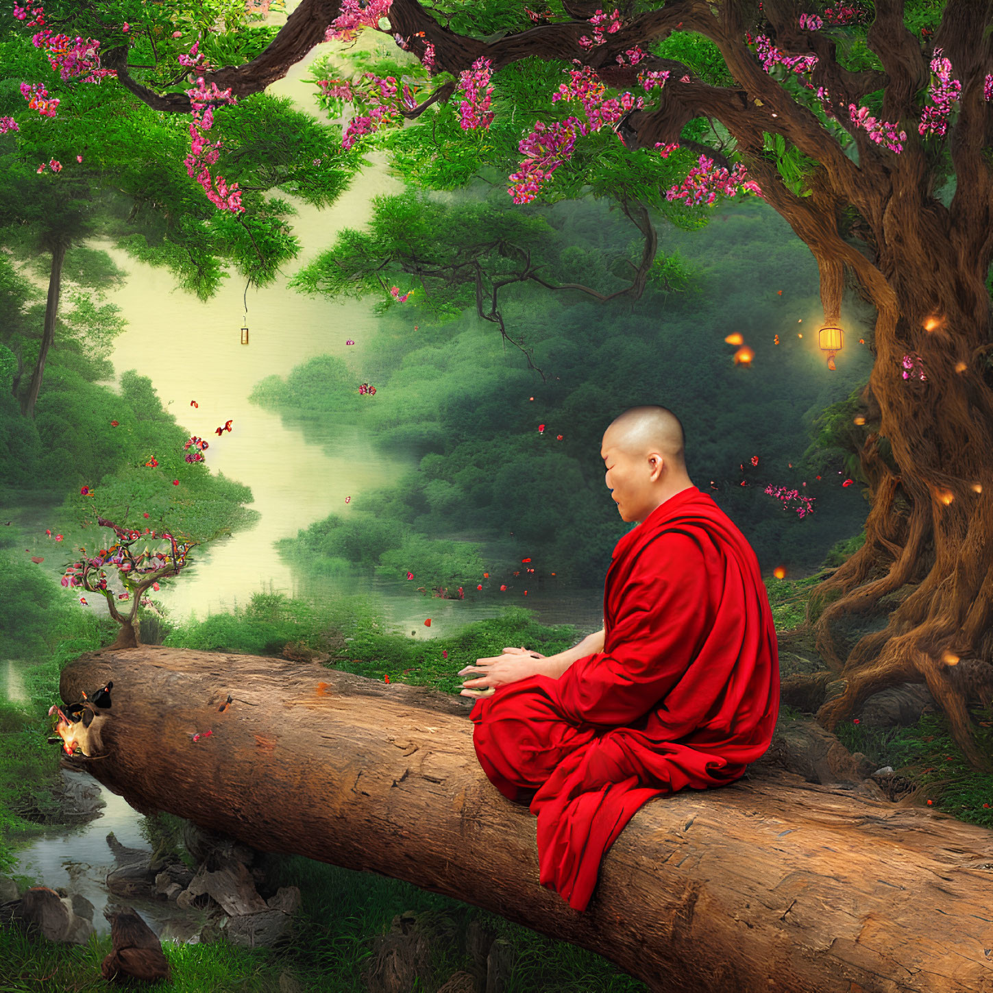 Monk in Red Robes Meditating by Serene River