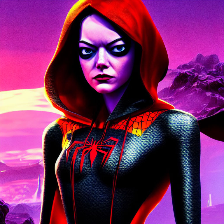 Female character in red hood and spider costume on purple background