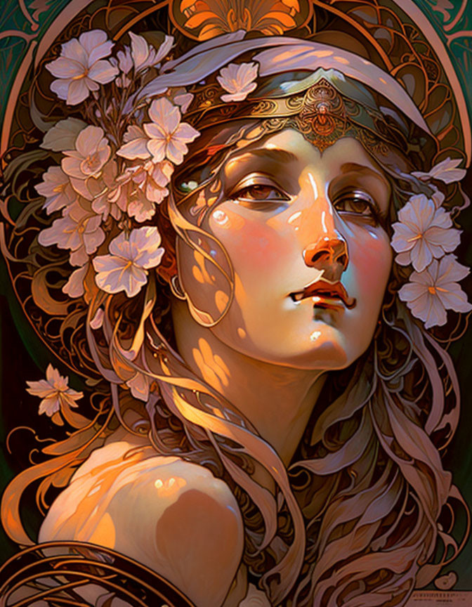 Illustrated portrait of woman with floral headband and flowing hair in warm tones and art nouveau style.