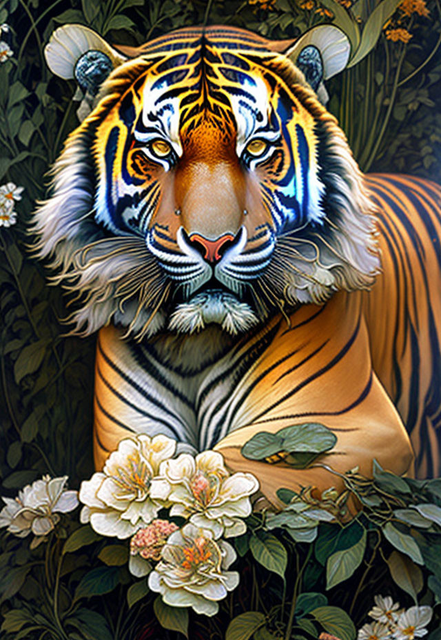 Vibrant Bengal Tiger Painting in Lush Greenery