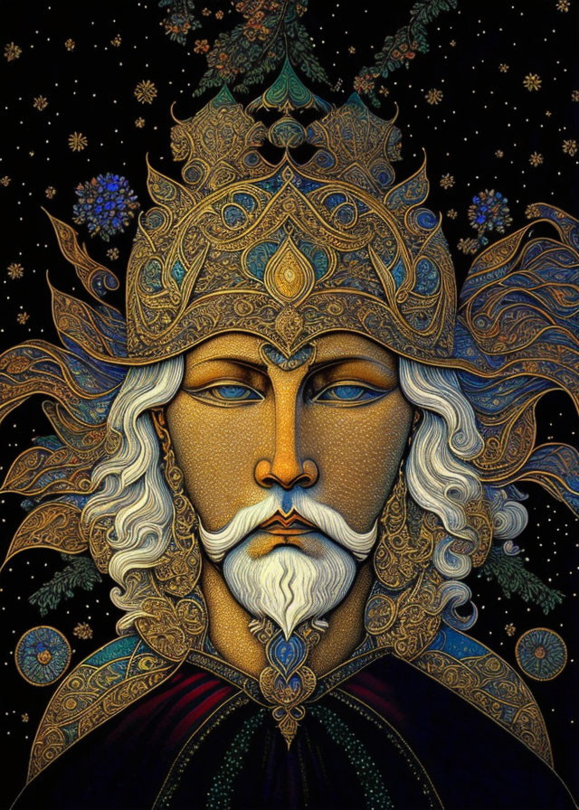 Detailed illustration of bearded figure with jeweled crown on starry sky backdrop