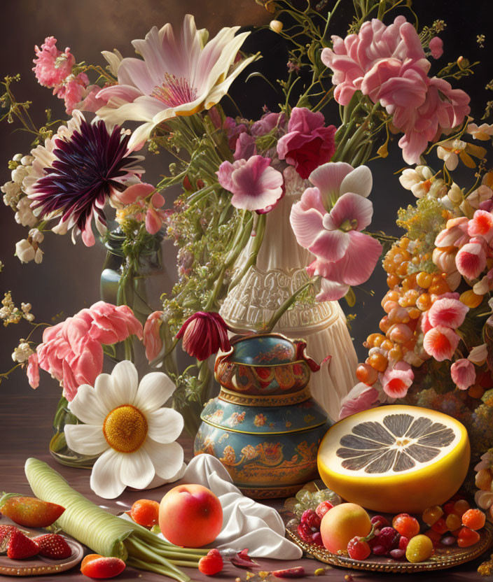 Colorful still life with vibrant flowers, fruits, and vases on dark backdrop