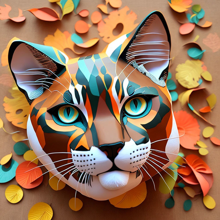 Vibrant Feline Face with Autumnal Paper Leaves