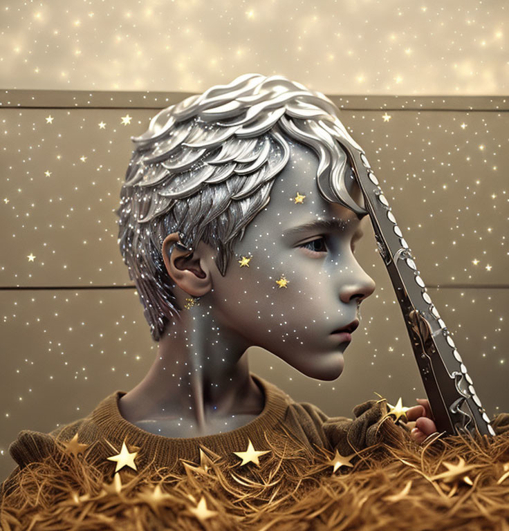 Portrait of a boy with winged and starry elements against wood fence and golden stars.