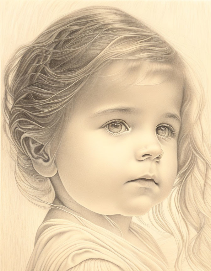 Young girl with curly hair and big eyes in soft pencil sketch