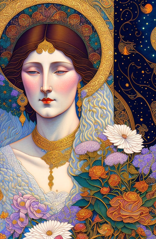 Stylized woman with ornate halo in floral and starry setting