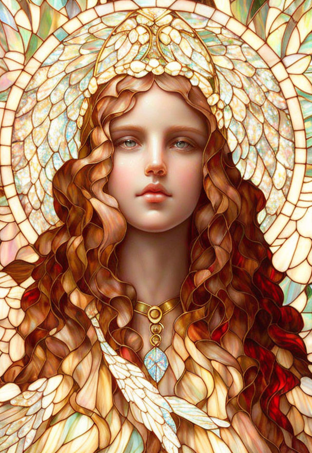 Digital artwork: Woman with long curly hair and golden headdress in serene expression against stained-glass floral