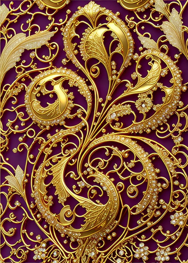 Gold Paisley and Floral Designs with Gem Accents on Purple Background