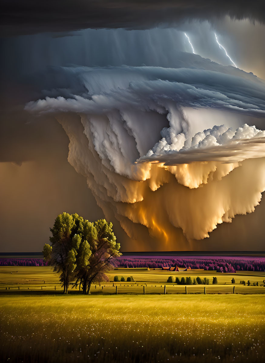 Impressive supercell thunderstorm over serene landscape