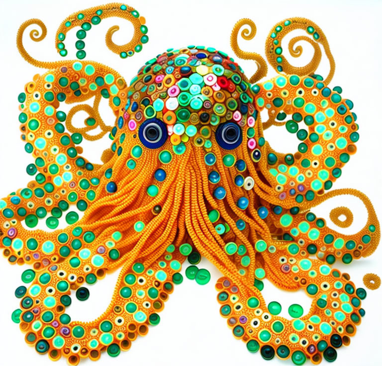 Colorful octopus sculpture with bead and button mosaic texture