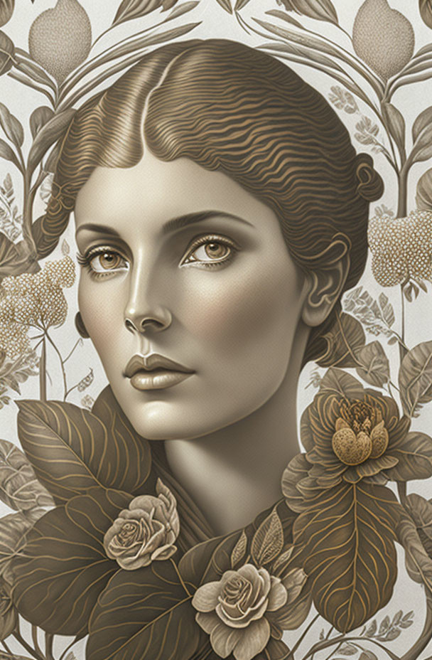 Detailed sepia-toned portrait of a woman with botanical elements