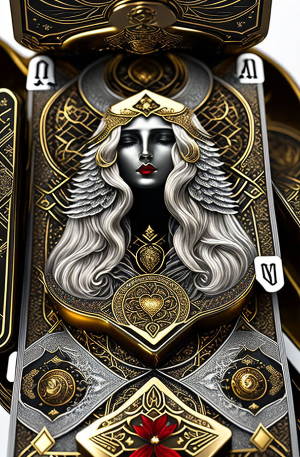 Intricately designed queen playing card with gold and black details