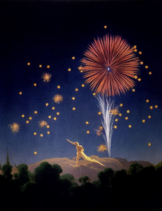 Person sitting under night sky watching golden and red fireworks